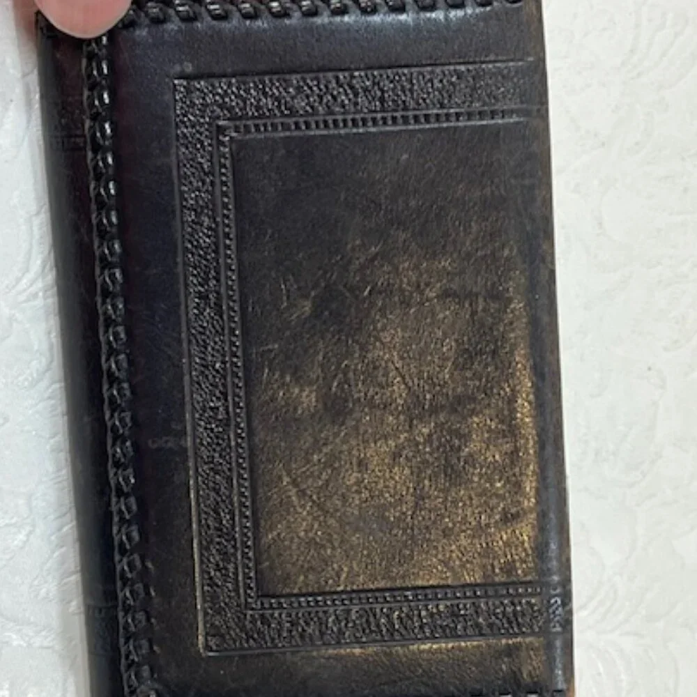 VTG Black Leather Trifold Tooled Stitched Wallet